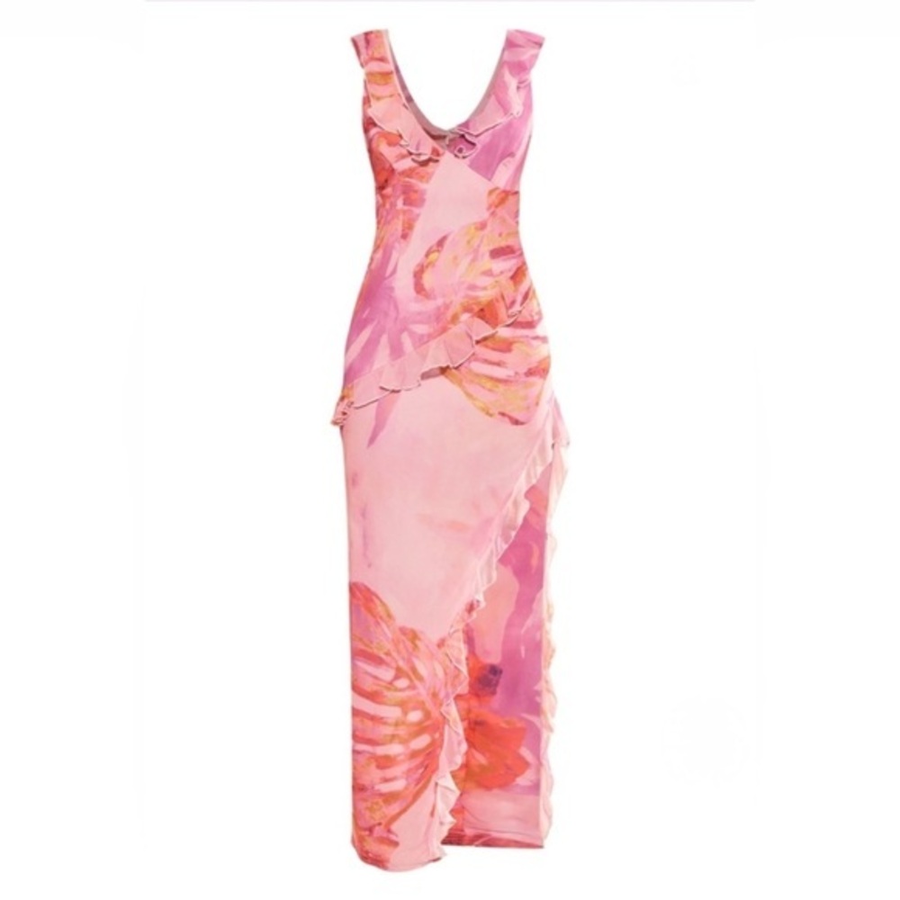 NWT PRETTY LITTLE THING TALL PINK FLORAL ASYMMETRICAL FRILL SPLIT MAXI DRESS